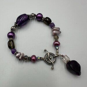 Artisan Beaded Bracelet Purple Glass Pearls Beads Sterling Silver Toggle 7"